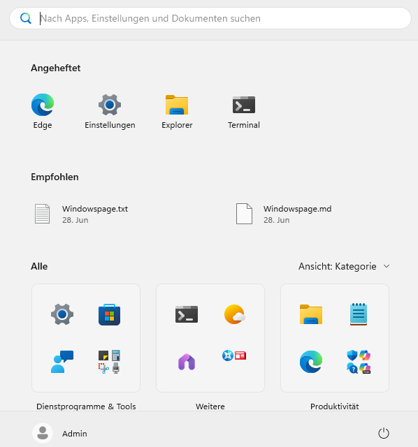 Men&uuml; "Start" mit Ansicht "Kategorie"