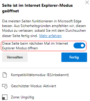 Seite ist im Internet Explorer-Modus geöffnet