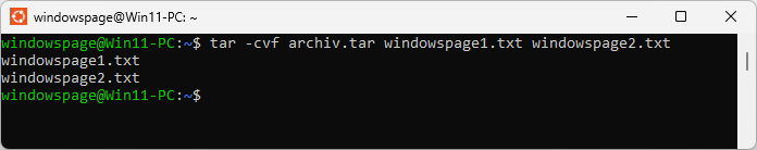 tar -cvf archiv.tar windowspage1.txt windowspage2.txt
