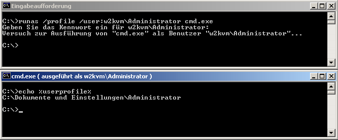 runsas /profile /user:w2kvm\Administrator cmd.exe