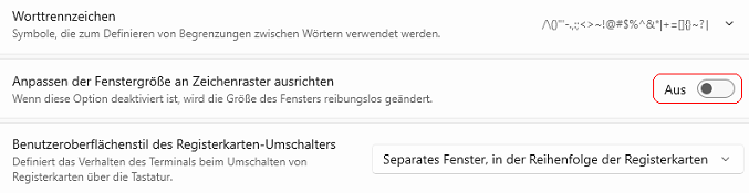 Anpassen der Fenstergr&ouml;&szlig;e an Zeichenraster ausrichten